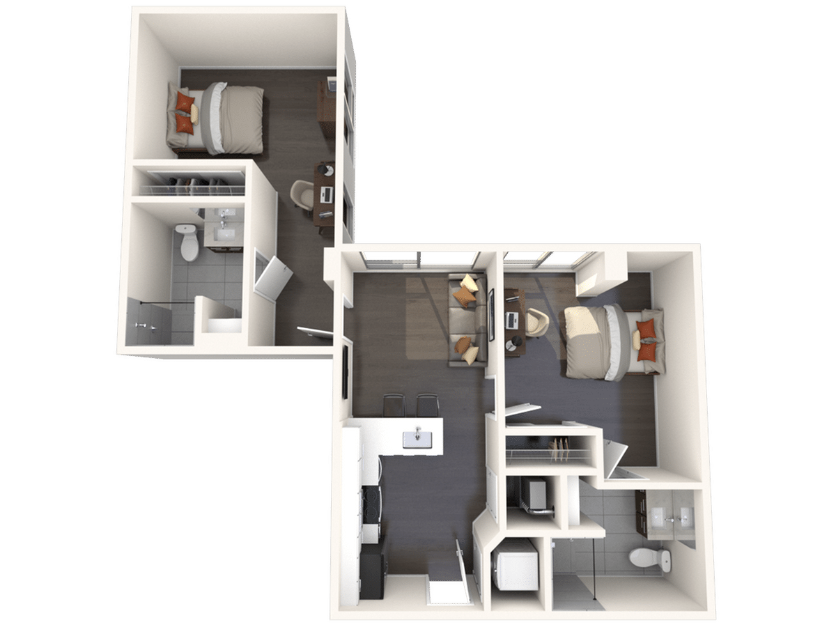 A 3D image of the 2BR/2BA – B3 floorplan, a 811 squarefoot, 2 bed / 2 bath unit