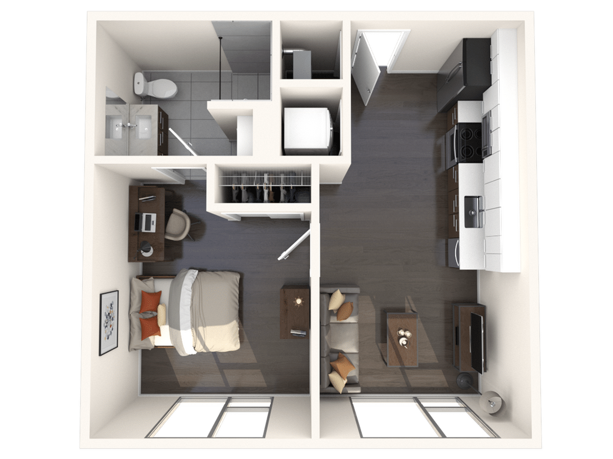 A 3D image of the 1BR/1BA – A1 floorplan, a 499 squarefoot, 1 bed / 1 bath unit