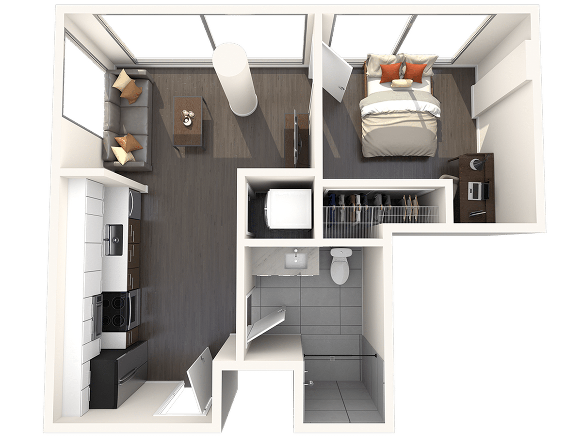 A 3D image of the 1BR/1BA – A2 floorplan, a 502 squarefoot, 1 bed / 1 bath unit