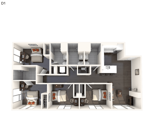 A 3D image of the 4BR/4BA – D1 floorplan, a 1341 squarefoot, 4 bed / 4 bath unit