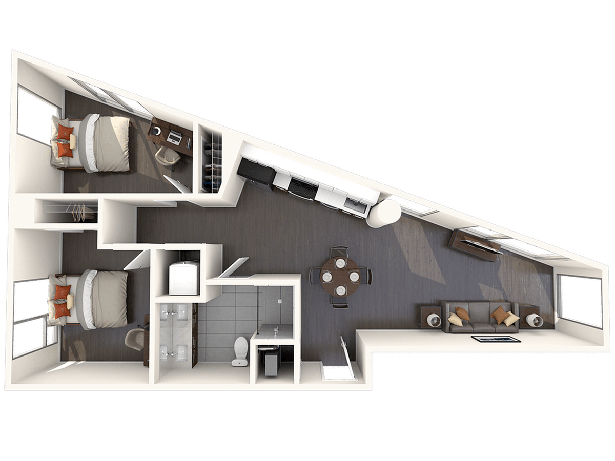 A 3D image of the 2BR/1BA – B2 floorplan, a 770 squarefoot, 2 bed / 1 bath unit