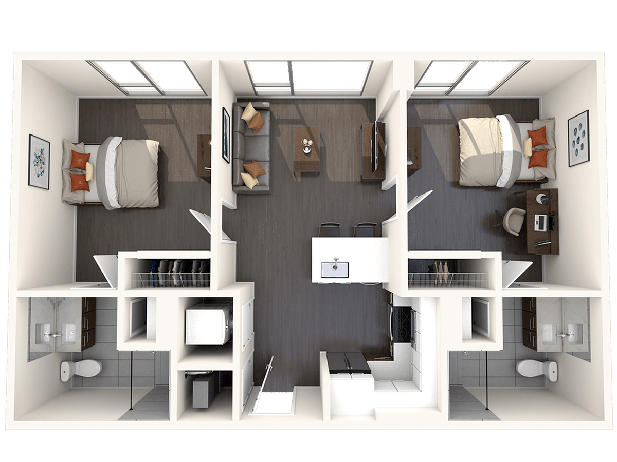 A 3D image of the 2BR/2BA – B1 floorplan, a 789 squarefoot, 2 bed / 2 bath unit