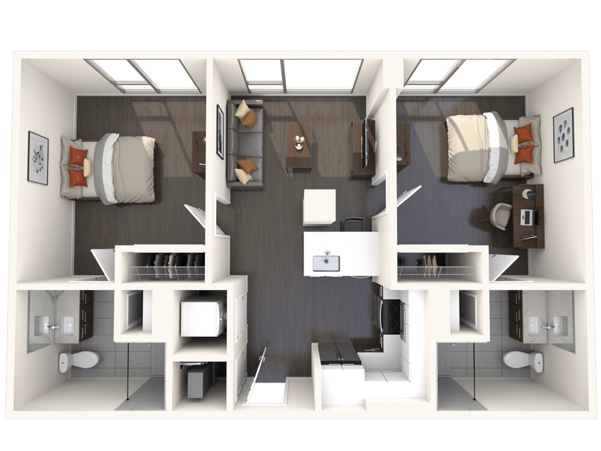 A 3D image of the 2BR/2BA – B1A floorplan, a 789 squarefoot, 2 bed / 2 bath unit