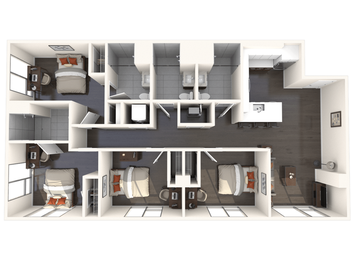 A 3D image of the 4BR/4BA – D1A floorplan, a 1341 squarefoot, 4 bed / 4 bath unit