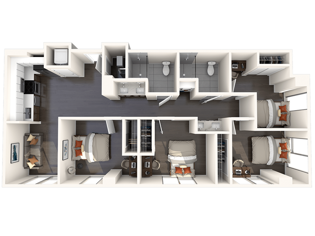 A 3D image of the 4BR/2BA – D3 floorplan, a 1069 squarefoot, 4 bed / 2 bath unit