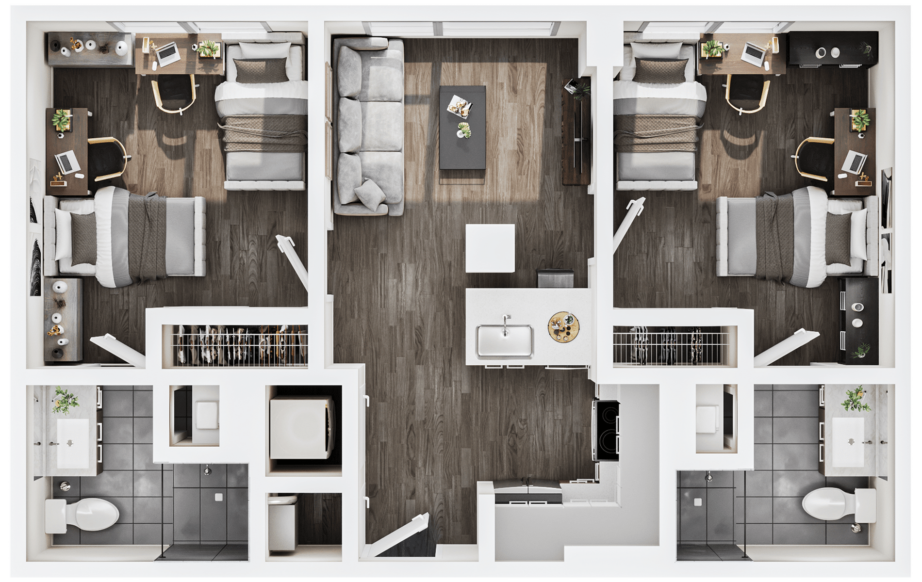 A 3D image of the 2BR/2BA – B1A Double Occupancy floorplan, a 789 squarefoot, 2 bed / 2 bath unit