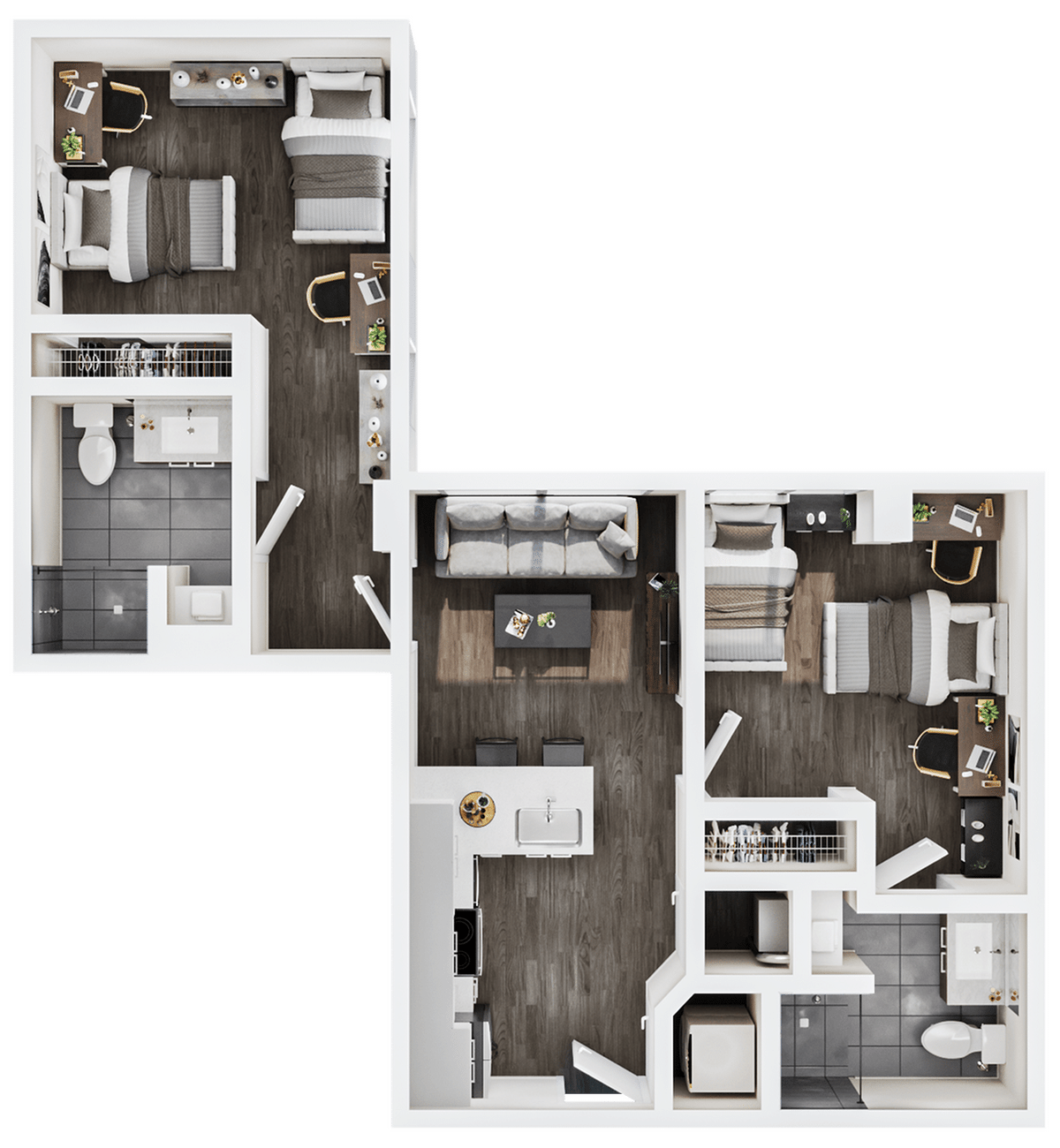 A 3D image of the 2BR/2BA – B3 Double Occupancy floorplan, a 811 squarefoot, 2 bed / 2 bath unit