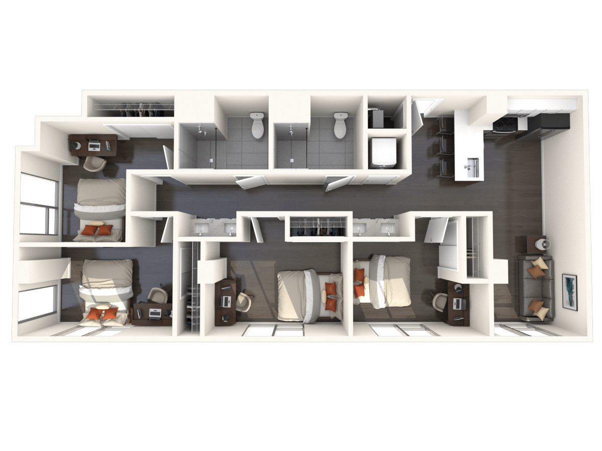 A 3D image of the 4BR/2BA – D2 floorplan, a 1021 squarefoot, 4 bed / 2 bath unit