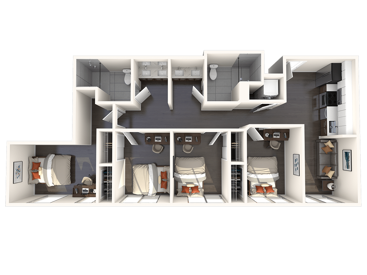 A 3D image of the 4BR/2BA – D4 floorplan, a 1021 squarefoot, 4 bed / 2 bath unit